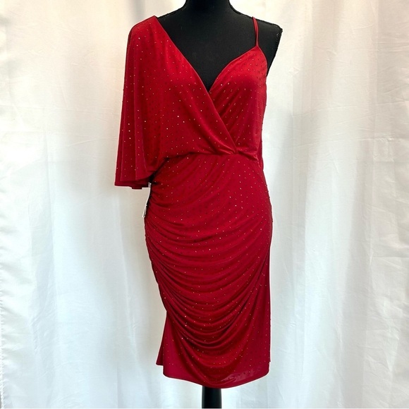 Marciano for Guess red crystal rhinestone embellished one shoulder ruched dress - Picture 5 of 17